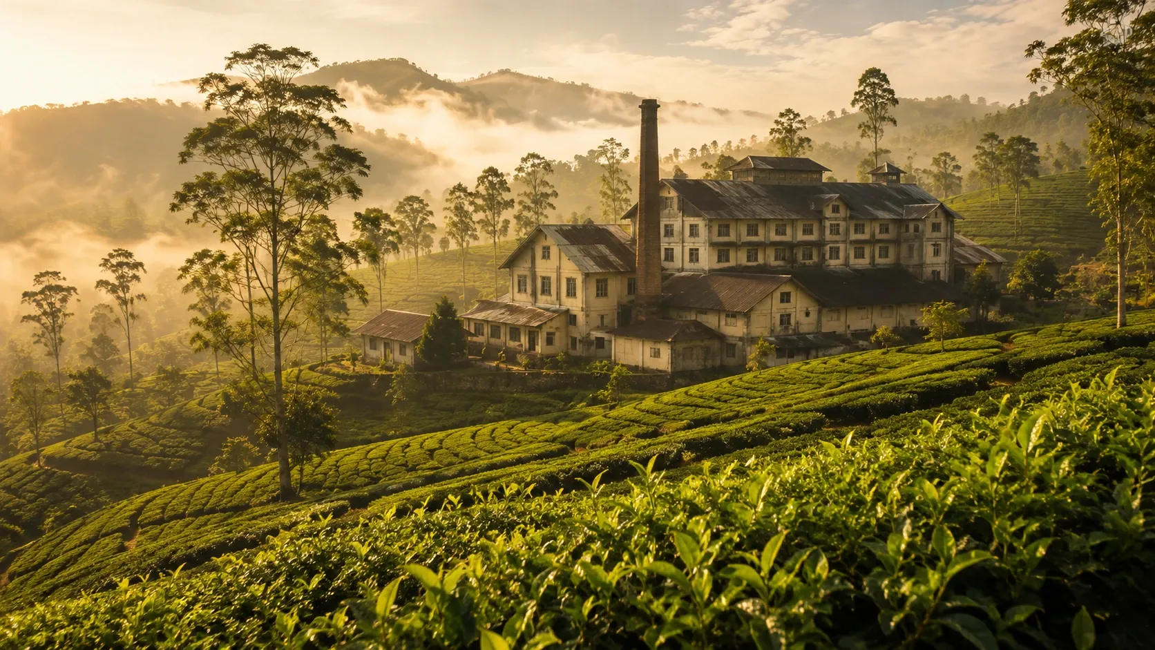 Historic Sri Lankan tea estate and factory among misty rolling tea fields