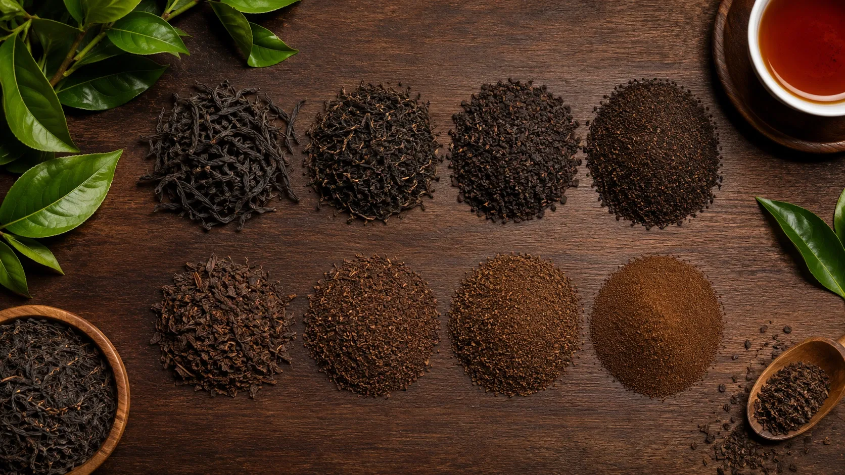 Different grades of bulk Ceylon tea arranged in sections, from whole leaf to fannings and dust