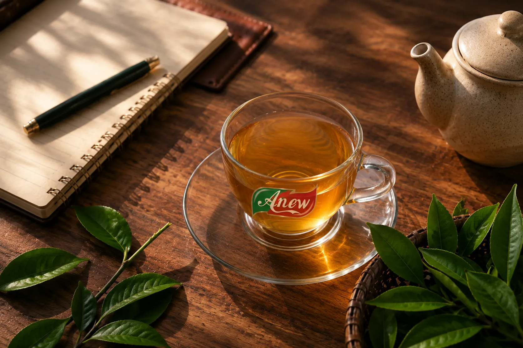 Freshly brewed cup of golden Ceylon tea on a wooden desk with fresh tea leaves