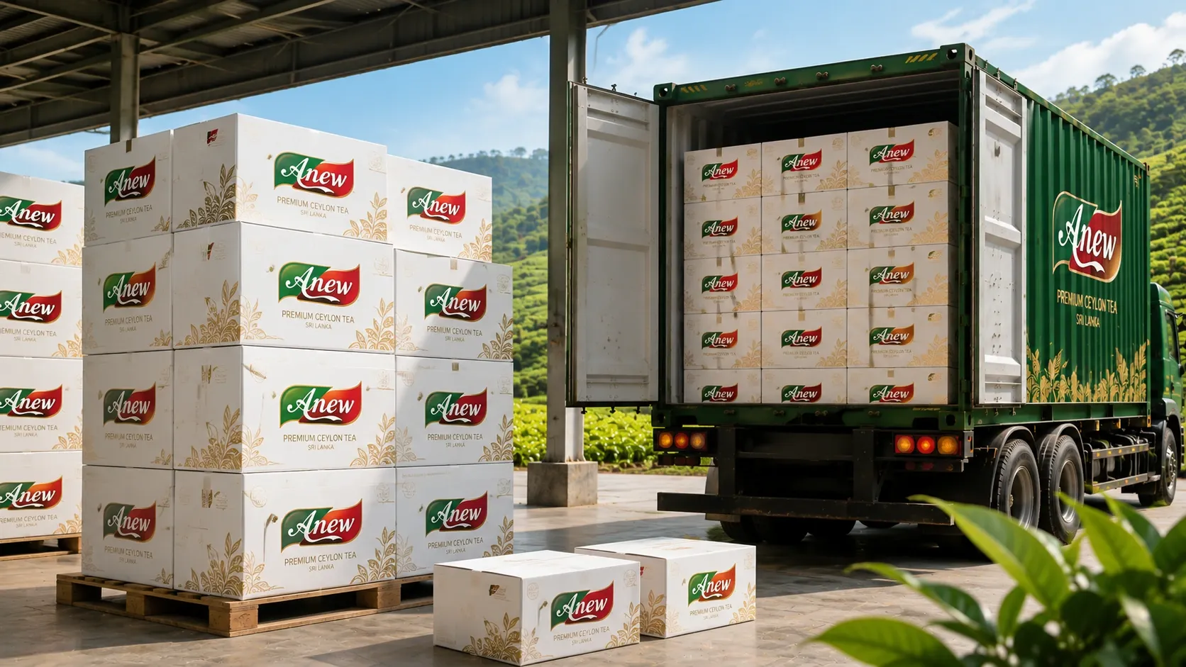 Ceylon tea export cartons stacked at a warehouse loading bay beside a shipping container