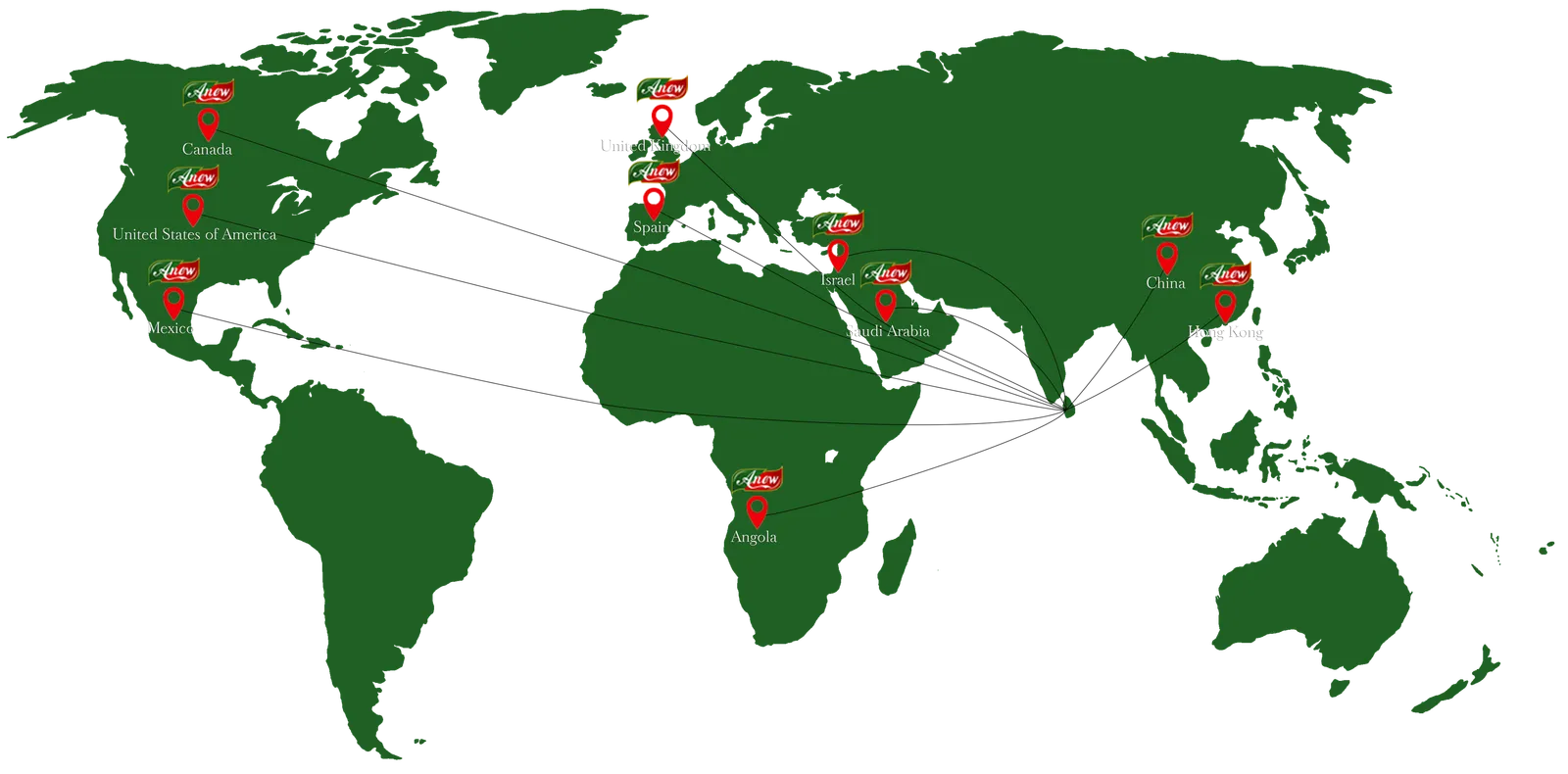 World map showing Anew Ceylon Tea export markets across North America, Europe, the Middle East, Asia and Africa.
