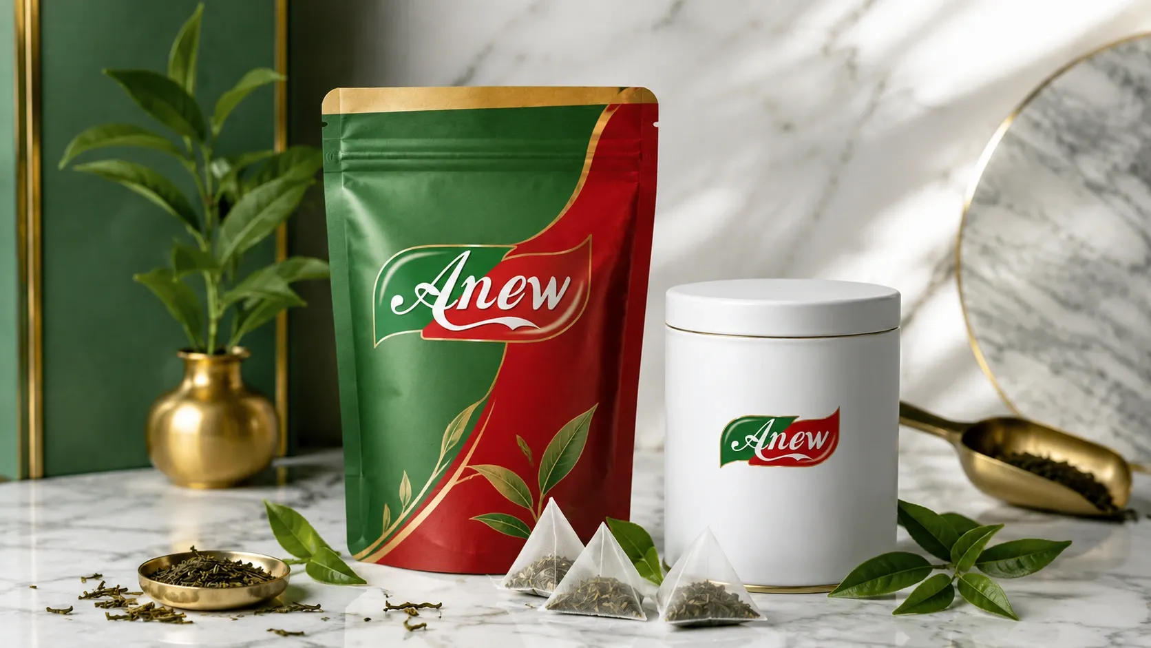 Premium loose-leaf Ceylon black tea with tea bags and a brass scoop