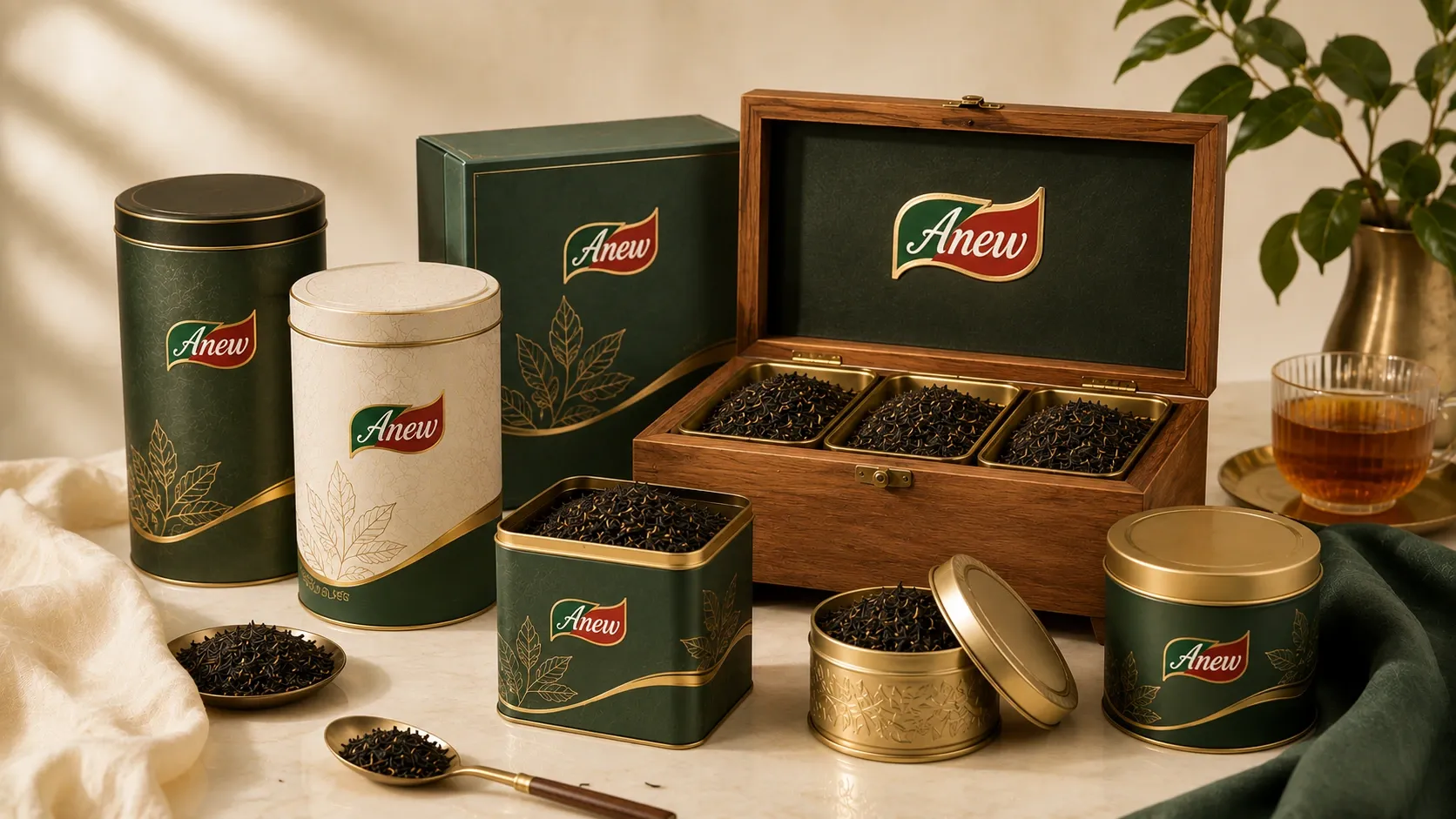 Luxury Ceylon tea gift packaging including tins, a wooden presentation box and tea caddies