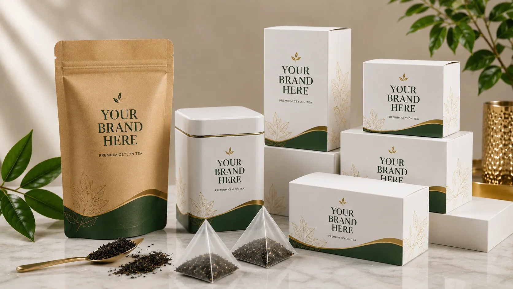 Blank private-label tea packaging — kraft pouch, white tin and pyramid tea bags with loose leaves